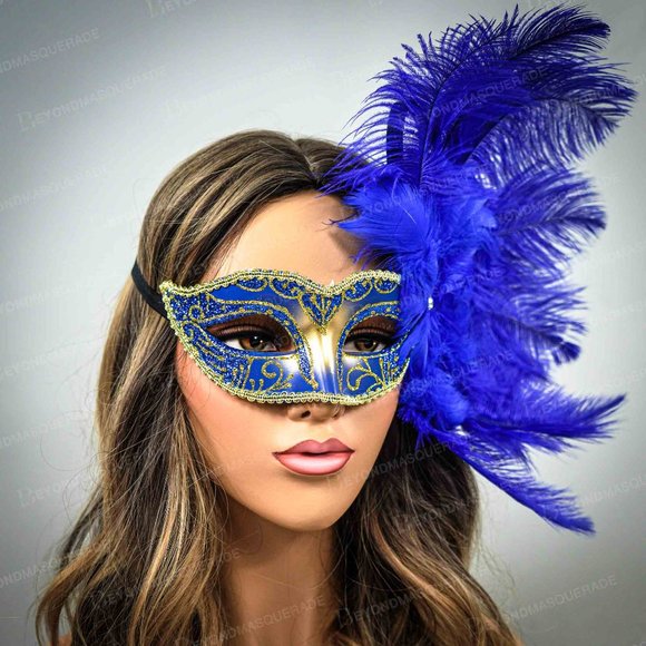 Blue Masquerade Masks with Feathers Party Mask - Picture 3 of 3
